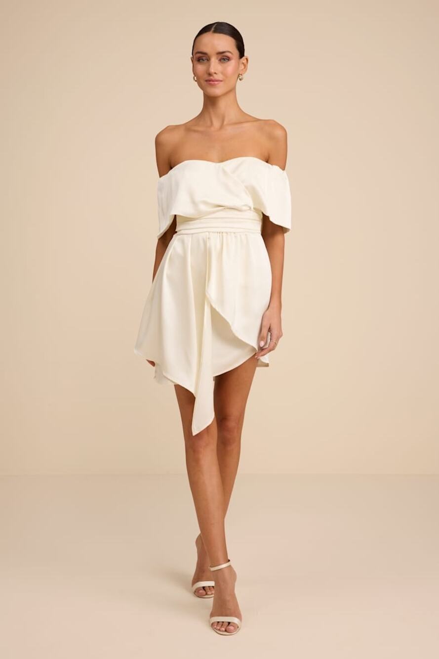 New Lulus Ivory Satin Off-the-Shoulder Mini Dress Size Large MSRP $79